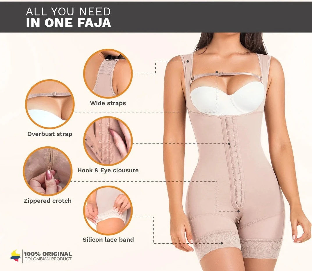 Stage 2 Post Surgery Shapewear with Over Bust Strap, Mid Thigh Length, Powernet Material | QPS1016