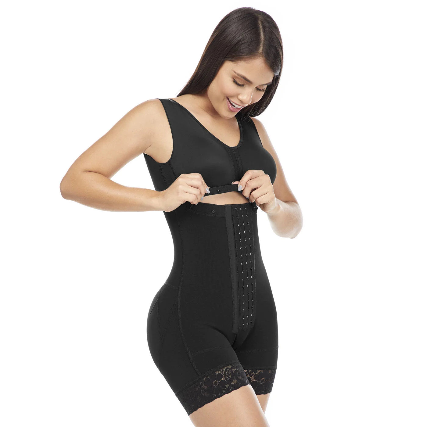 Stage 2, Post Surgical and Postpartum Compression Shapewear with Wide Straps Built-in Bra Bodysuit, Mid Thigh Length, Butt Lifter Garment, Powernet Material | QPS1013