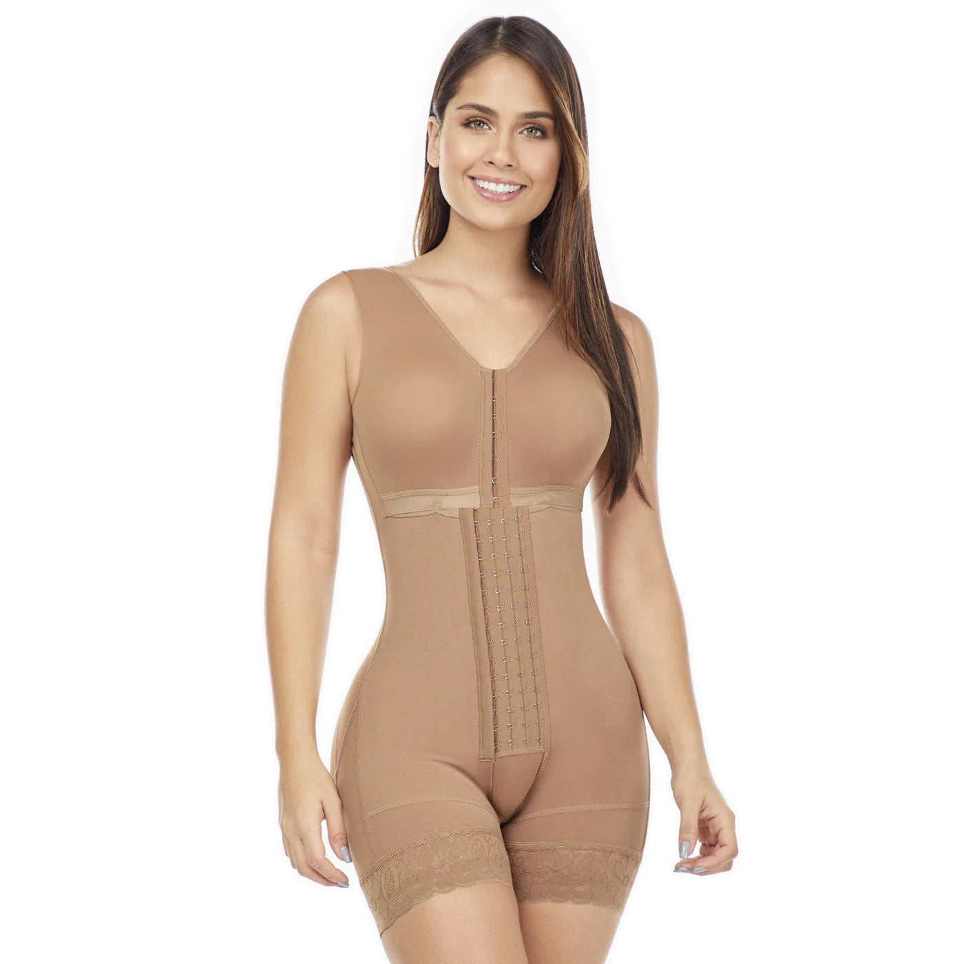 Stage 2, Post Surgical and Postpartum Compression Shapewear with Wide Straps Built-in Bra Bodysuit, Mid Thigh Length, Butt Lifter Garment, Powernet Material | QPS1013