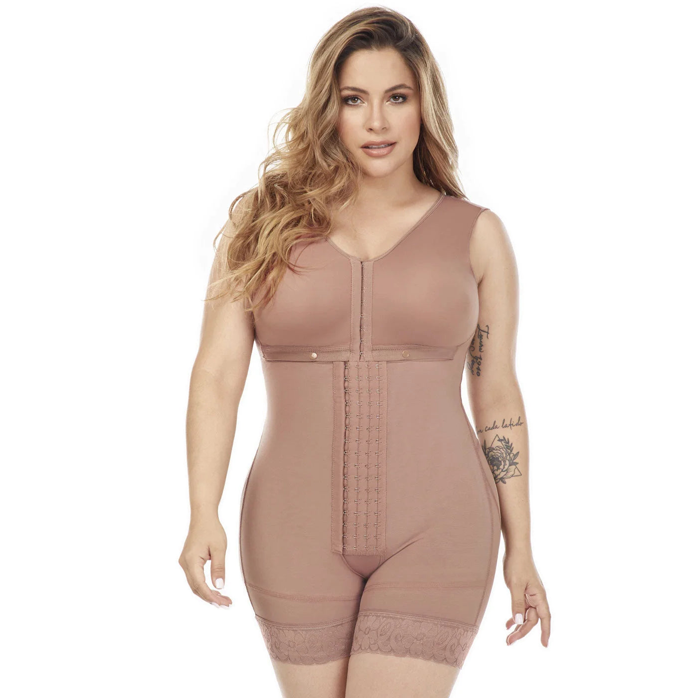 Stage 2, Post Surgical and Postpartum Compression Shapewear with Wide Straps Built-in Bra Bodysuit, Mid Thigh Length, Butt Lifter Garment, Powernet Material | QPS1013