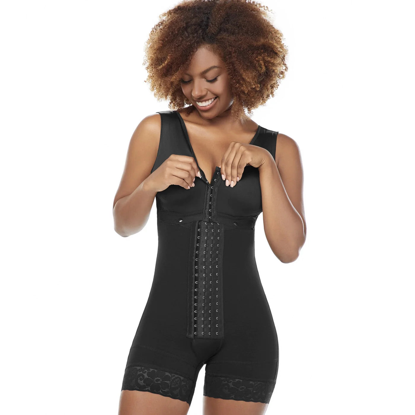 Stage 2, Post Surgical and Postpartum Compression Shapewear with Wide Straps Built-in Bra Bodysuit, Mid Thigh Length, Butt Lifter Garment, Powernet Material | QPS1013