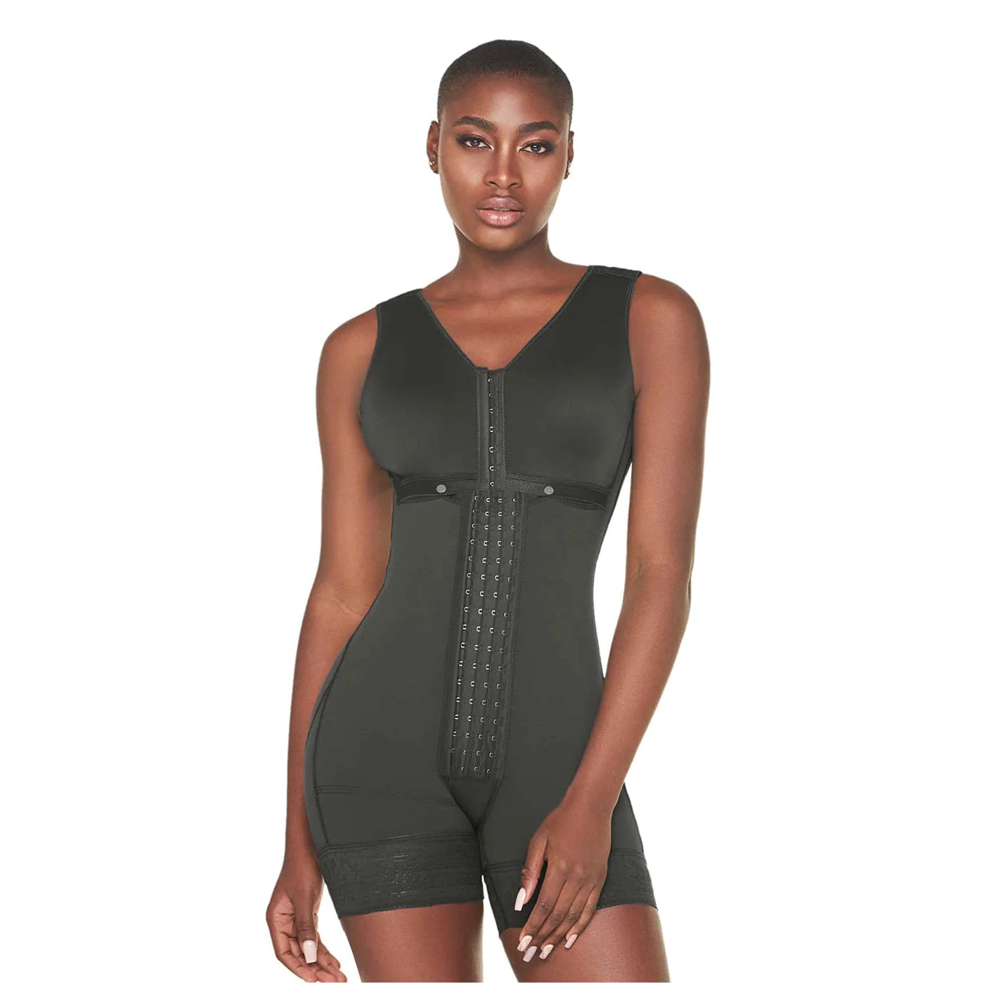 Stage 2, Post Surgical and Postpartum Compression Shapewear with Wide Straps Built-in Bra Bodysuit, Mid Thigh Length, Butt Lifter Garment, Powernet Material | QPS1013