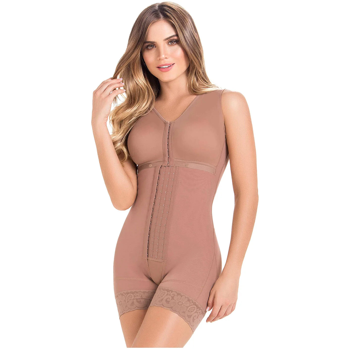 Stage 2, Post Surgical and Postpartum Compression Shapewear with Wide Straps Built-in Bra Bodysuit, Mid Thigh Length, Butt Lifter Garment, Powernet Material | QPS1013