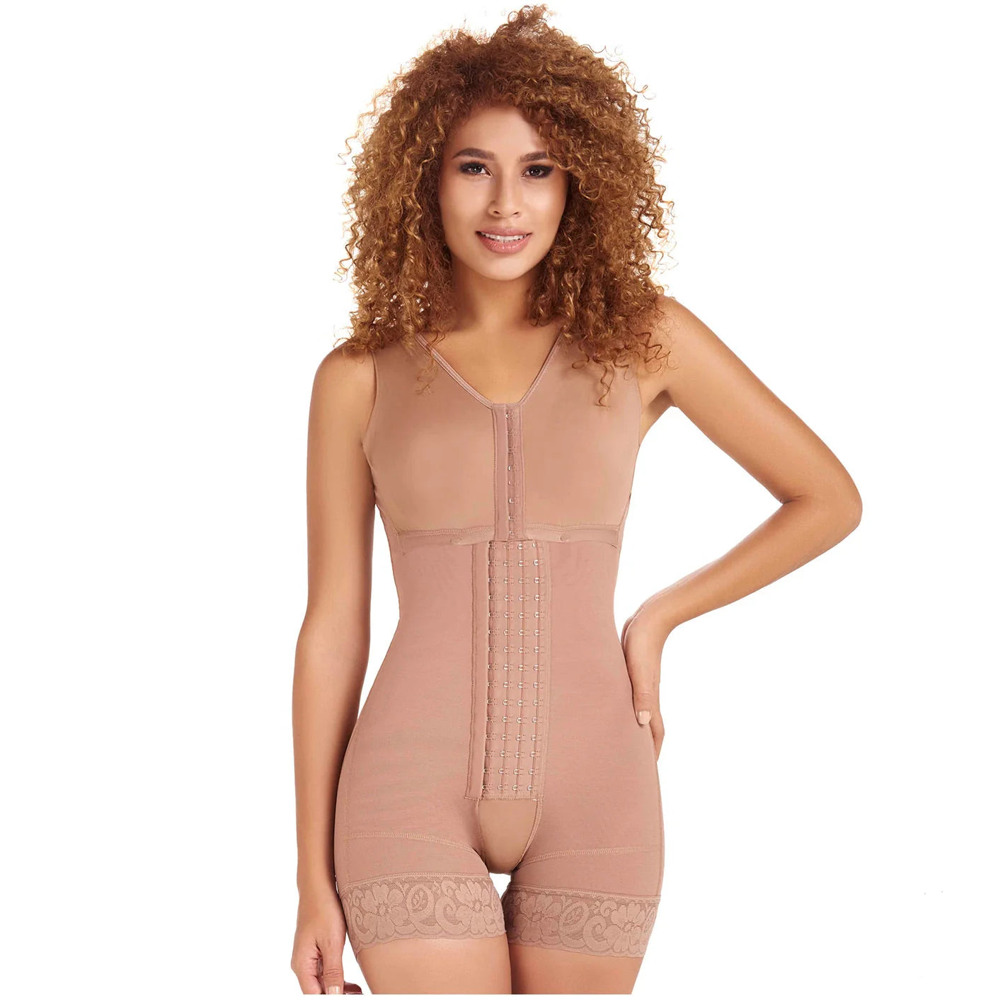 Stage 2, Post Surgical and Postpartum Compression Shapewear with Wide Straps Built-in Bra Bodysuit, Mid Thigh Length, Butt Lifter Garment, Powernet Material | QPS1013