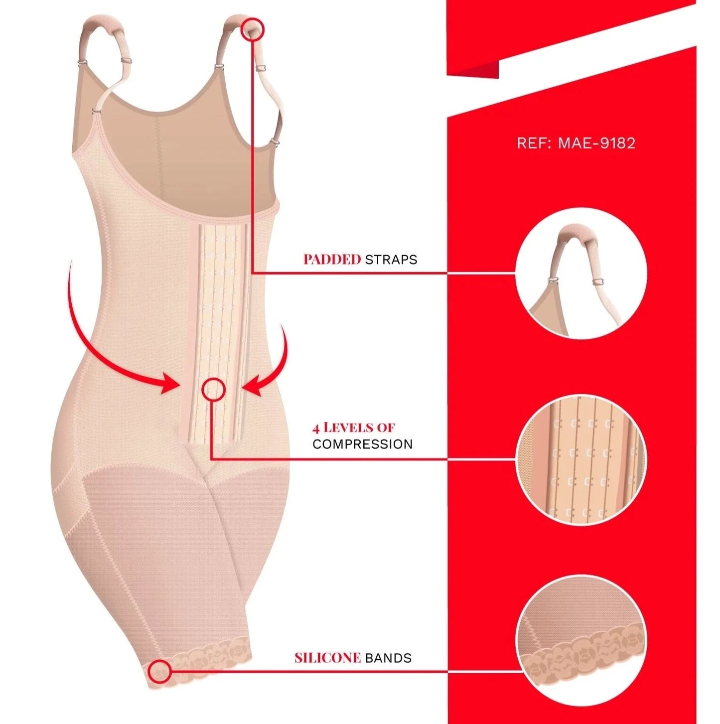 Stage 2 Post Surgical and Postpartum Compression Shapewear with Open Bust, Shoulder Pads, and Mid Thigh Length. Made with Powernet Material | QPS1023