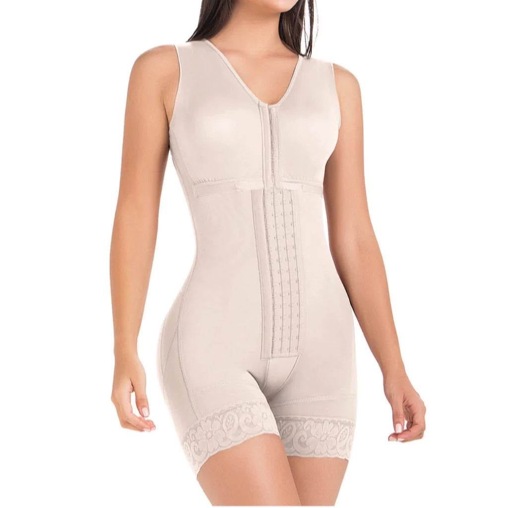 Stage 2, Post Surgical and Postpartum Compression Shapewear with Wide Straps Built-in Bra Bodysuit, Mid Thigh Length, Butt Lifter Garment, Powernet Material | QPS1013