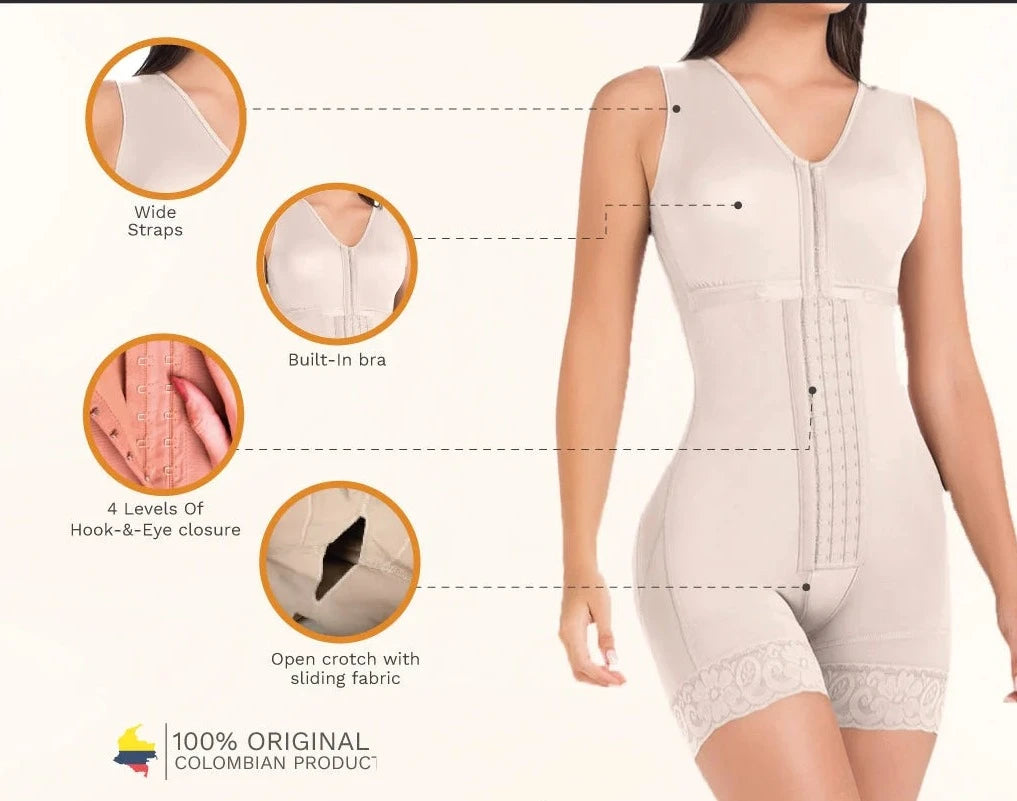 Stage 2, Post Surgical and Postpartum Compression Shapewear with Wide Straps Built-in Bra Bodysuit, Mid Thigh Length, Butt Lifter Garment, Powernet Material | QPS1013