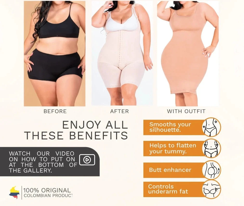 Stage 2, Post Surgical and Postpartum Compression Shapewear with Wide Straps Built-in Bra Bodysuit, Mid Thigh Length, Butt Lifter Garment, Powernet Material | QPS1013