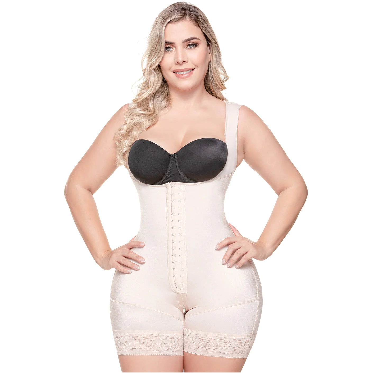 Stage 1 Post-Surgery and Postpartum Mid-Thigh Length Body Shaper, Open Bust Bodysuit, Triconet Fabric | QPS1003