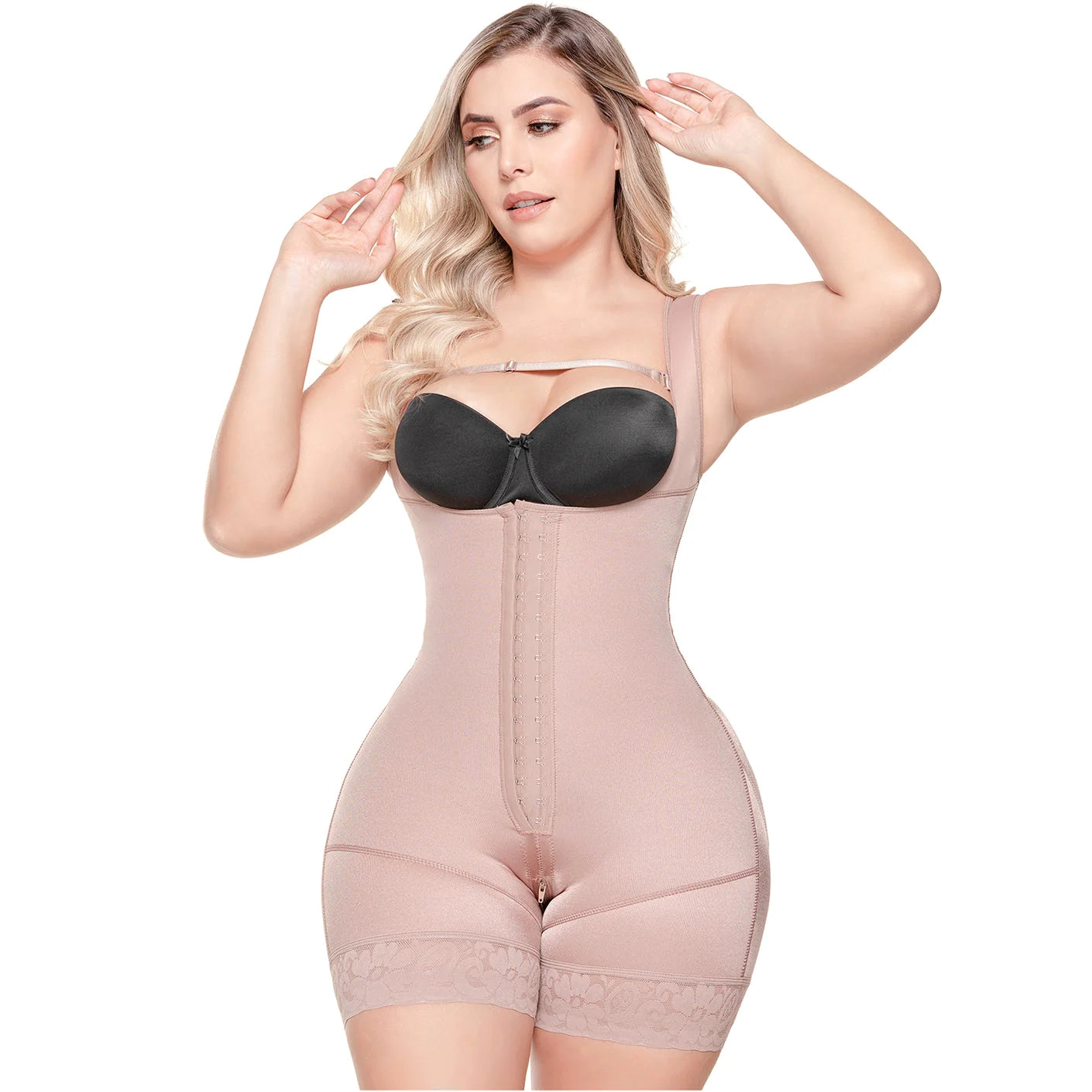 Stage 1 Post-Surgery and Postpartum Mid-Thigh Length Body Shaper, Open Bust Bodysuit, Triconet Fabric | QPS1003