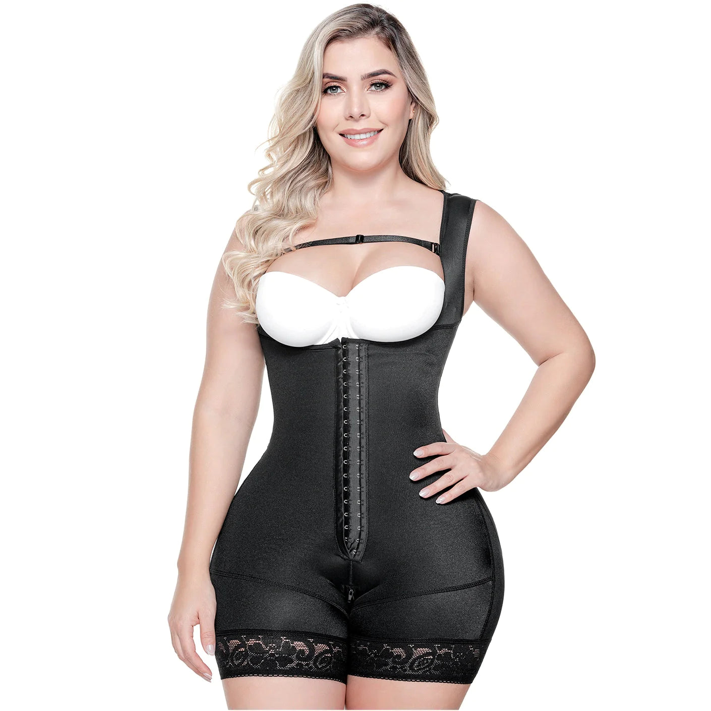 Stage 1 Post-Surgery and Postpartum Mid-Thigh Length Body Shaper, Open Bust Bodysuit, Triconet Fabric | QPS1003