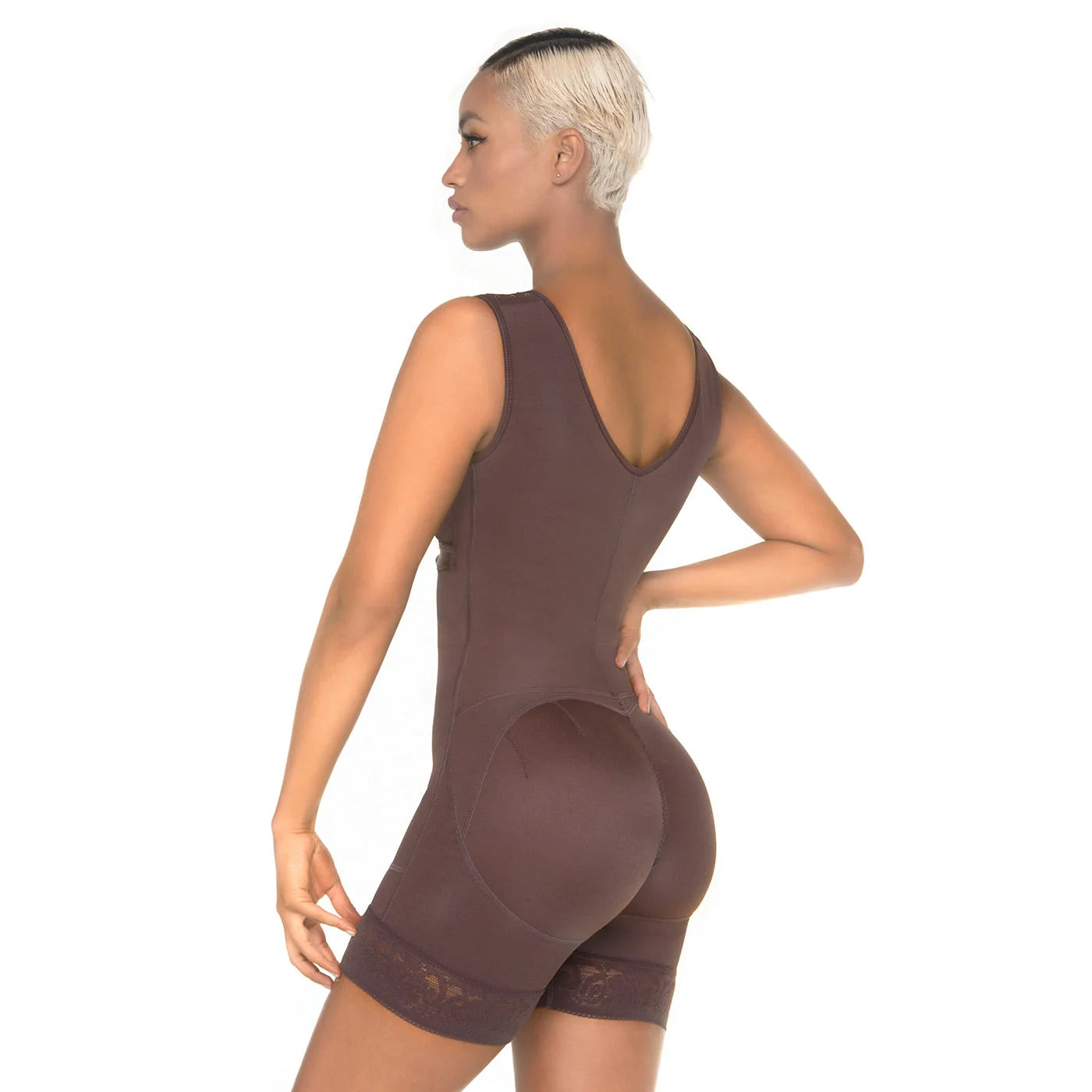 Stage 2, Post Surgical and Postpartum Compression Shapewear with Wide Straps Built-in Bra Bodysuit, Mid Thigh Length, Butt Lifter Garment, Powernet Material | QPS1013