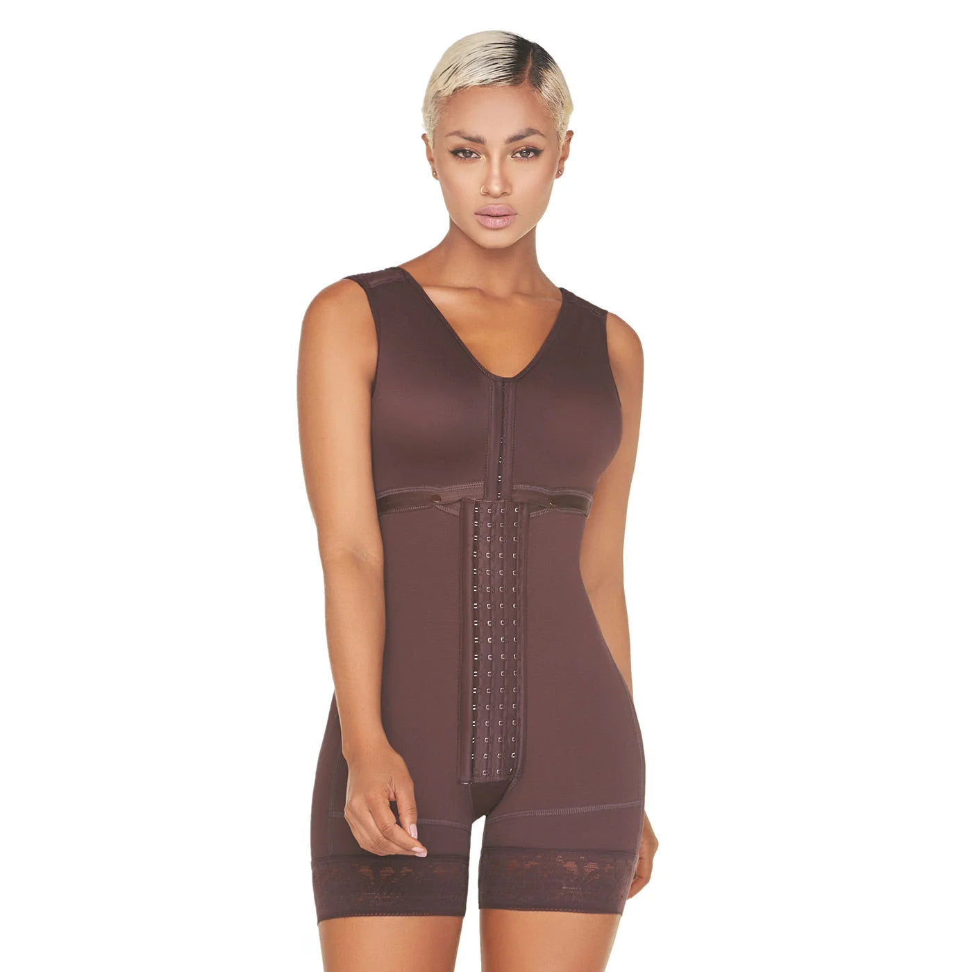 Stage 2, Post Surgical and Postpartum Compression Shapewear with Wide Straps Built-in Bra Bodysuit, Mid Thigh Length, Butt Lifter Garment, Powernet Material | QPS1013