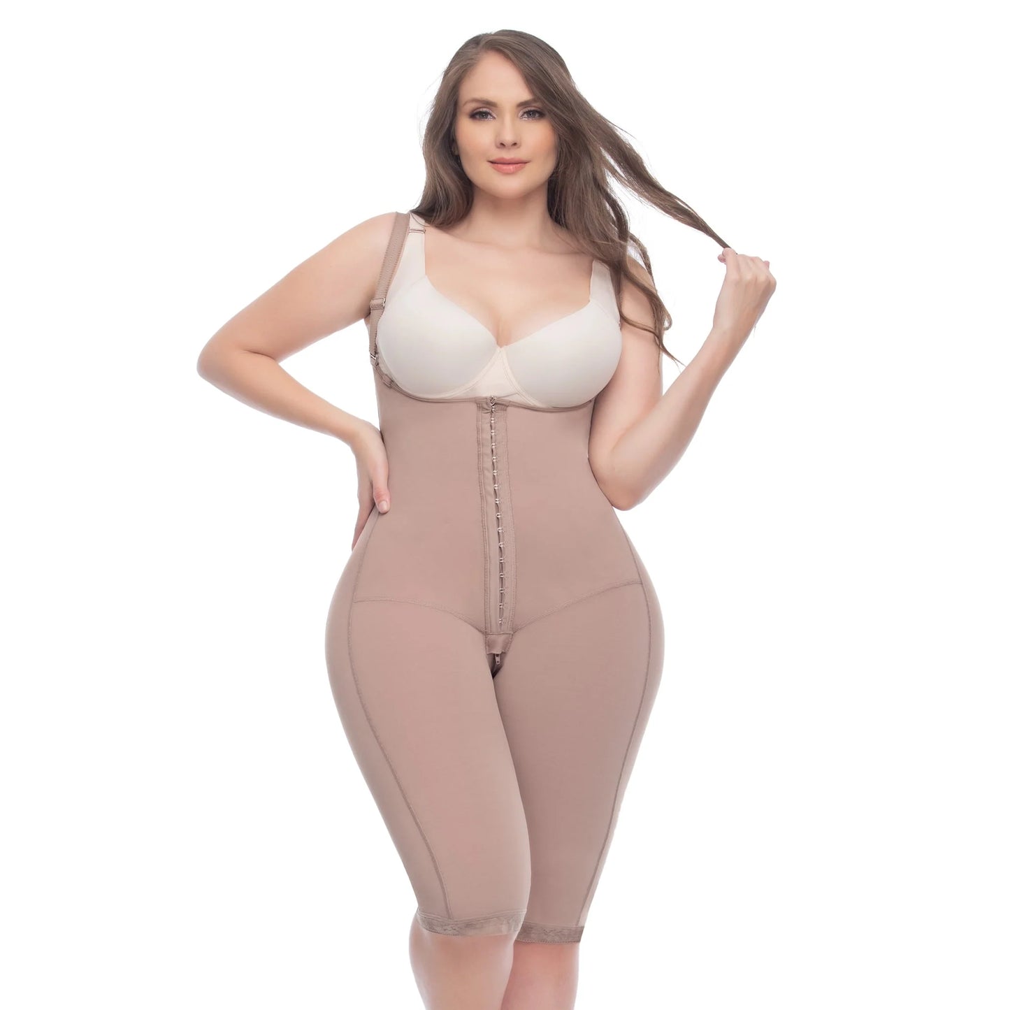 Stage 2 Knee Length Bodysuit with Open Bust, Tummy Control, and Butt Lifter Feature | QPS1002